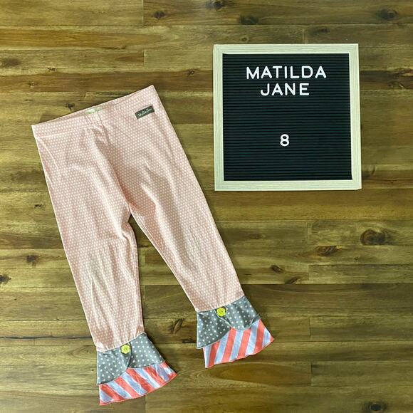 Matilda Jane Friends Forever Pink Gray Polka Dot Alden Scrappy Knit Leggings 8 - Picture 1 of 6